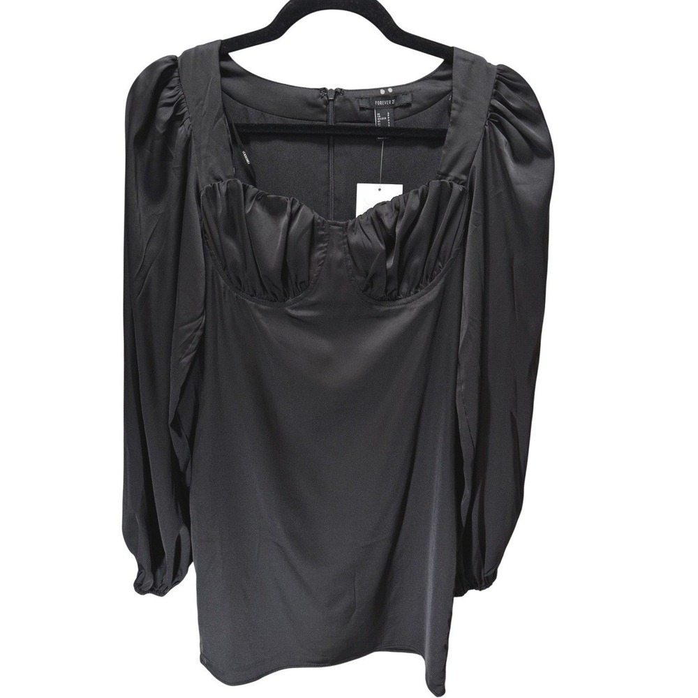 Mini Satin Black Dress Size Small Ruched Bustier‎ Puff Sleeve New Forever 21